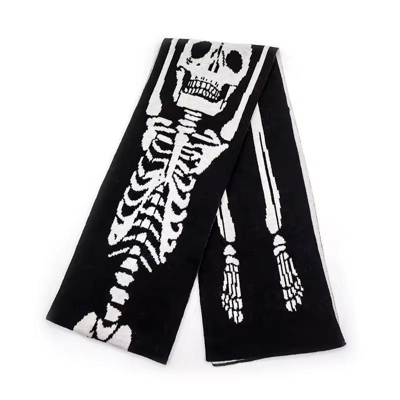 Custom Logo Jacquard Woven Knit Winter Skeleton Native Skull Design Cashmere Wool Acrylic Long Shawl Scarf for Men and Women