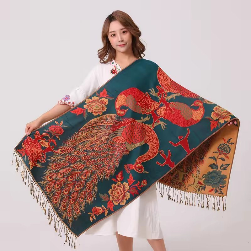 Custom Pashmina Scarf Winter Shawl Jacquard Woven Soft Peacock Pattern Pashmina Scarf for Woman