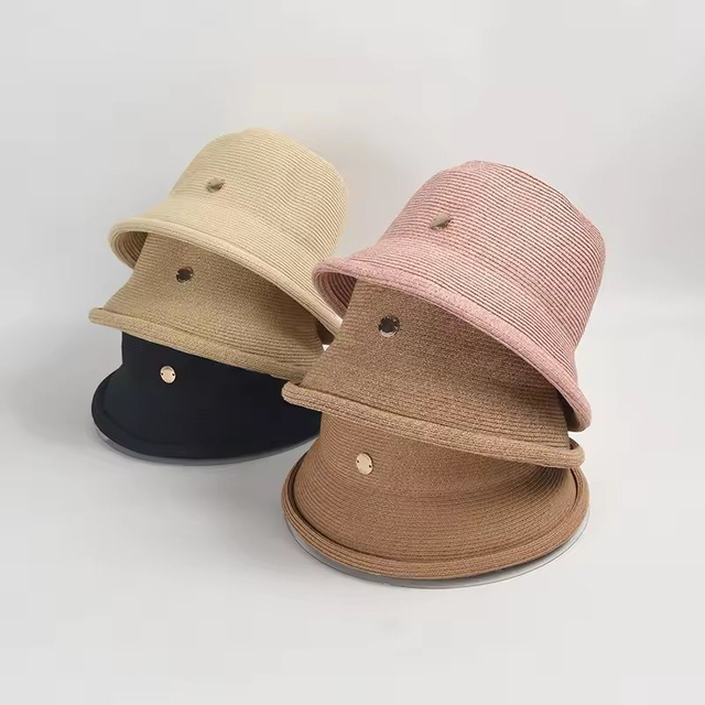 2024 Trendy Women Summer New Concave Top Frayed Raw Edge Raffia Straw Bucket Hat Wide Brim Beach Sun Bucket Hat Straw