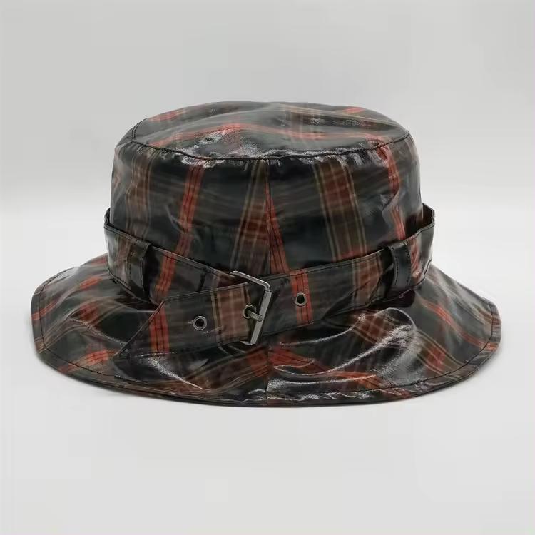 High Quality Grid Checked Fish Rainy Caps, Polyester Metal Adjustable Strap Bucket Cap, Waterproof blue Bucket Rain Hats