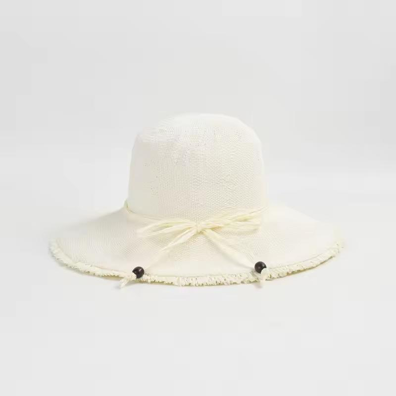 Milk White Hand Weave Wide Brim Bucket Sun Hat Women Summer Casual Large Shade Sunblock Beach Holiday Beach Straw Bucket Hat