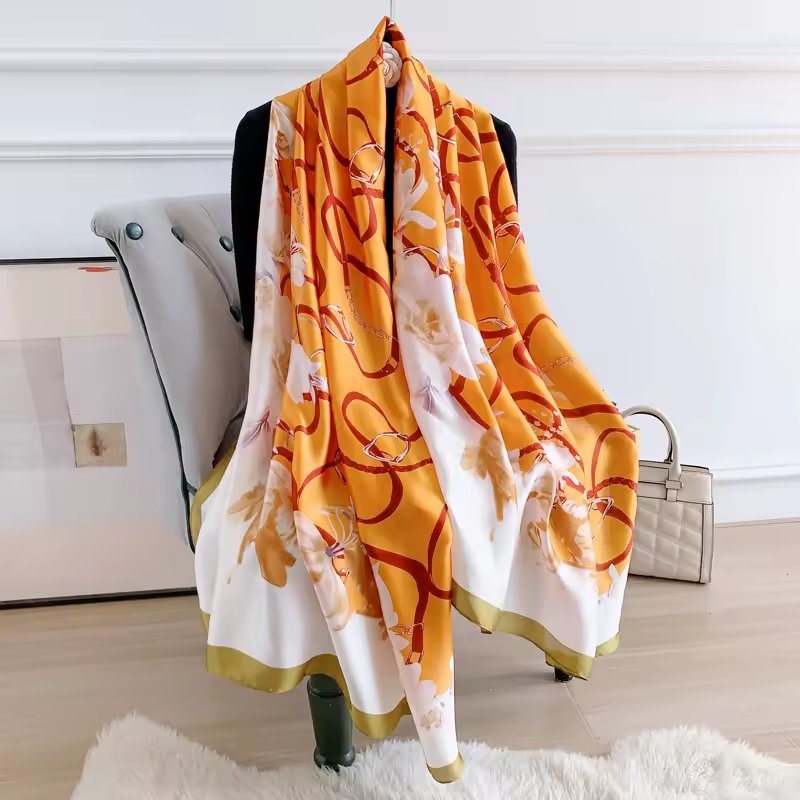 Spring and Autumn Elegant Lady New Floral Printed Silk Scarf Satin Silk Decorative Scarf Long Scarf Shawl