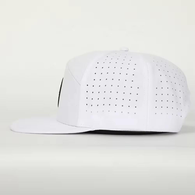 Wholesale Custom 7 Panel Hip Hop Flat Brim PVC Patch Logo Gorras Snapback Caps, Waterproof Laser Cut Hole Perforated Hat