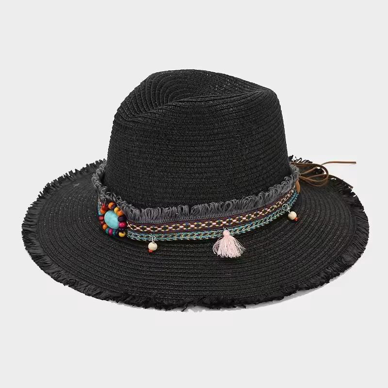 2024 Spring Summer Ribbon Decoration Lafite Custom Straw Hat Flat Top Brim Woman Sun Hats for Summer