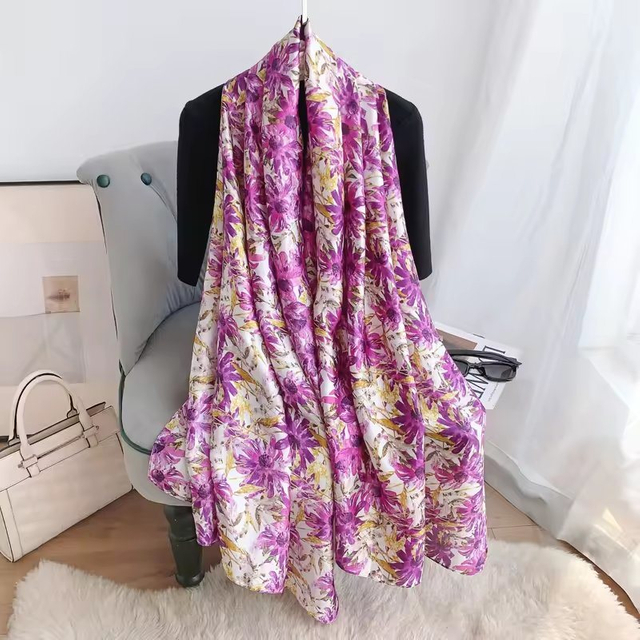 Hot Sale Custom Large Flowers Designer Woman Silk Scarves Printed Satin Headscarf Long Shawls Scarf
