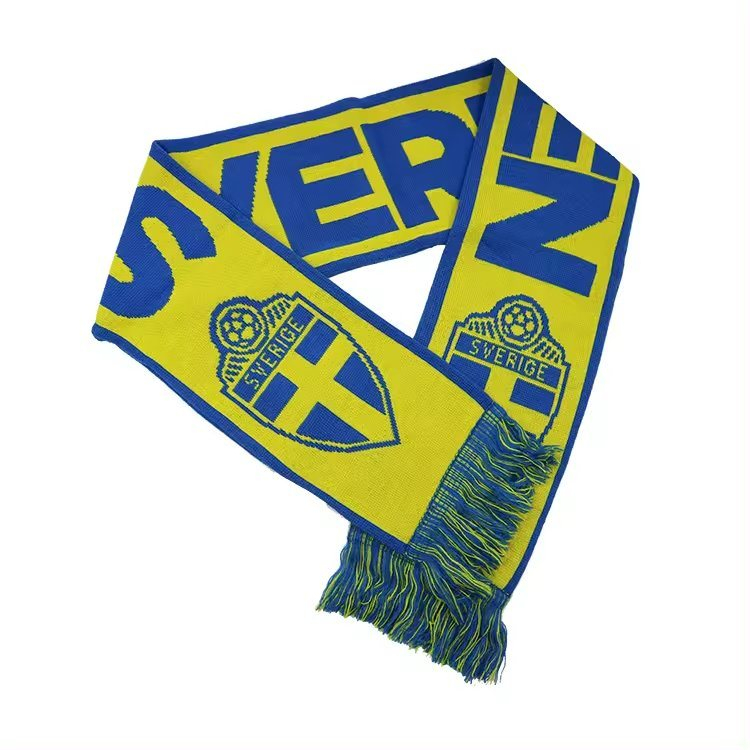 Custom Logo Sverige Sweden Jacquard Woven Knit Sports Ice Hockey Football Soccer Team Club Tassel Fan Scarf and Beanie Hat Set