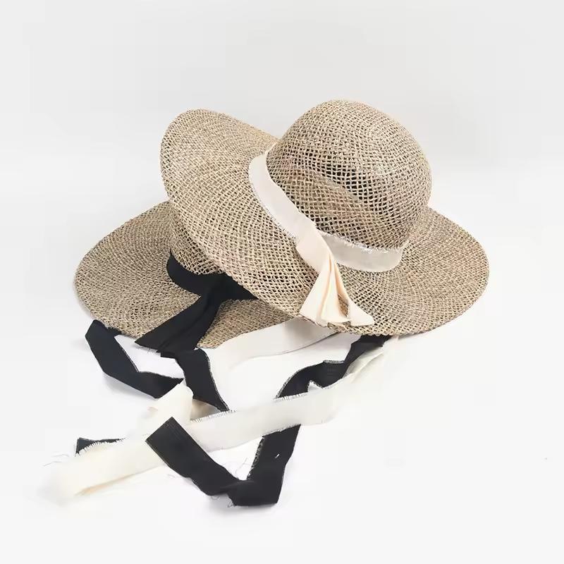 Spring Summer New Brim Splicing Flat Top Raffia Straw Hat Fashion Sun Protection Straw Hats Summer Women