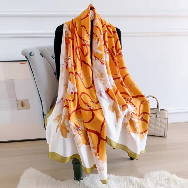 Hot Selling Satin Silk Scarf Chain Printing Custom Designs 90*180cm Digital Printing Women Long Style Flower Scarves Shawls