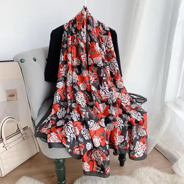 Spring and Autumn Elegant Lady New Floral Printed Silk Scarf Satin Silk Decorative Scarf Long Scarf Shawl