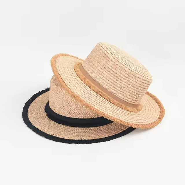 Hand Woven Pattern Raffia Straw Hat Leisure Flat Top Wide Brim Light Sunshade Hat Women Raffia Straw Trilby Summer Beach Sun Hat