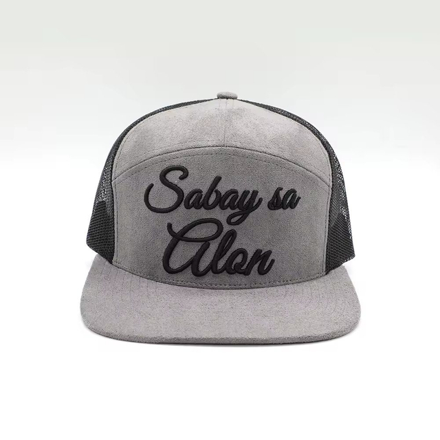 Custom 7 Panel Dark Grey Faux Suede Private Label Mesh 3D Embroidery Gorras Snapbacks Trucker Hats Caps