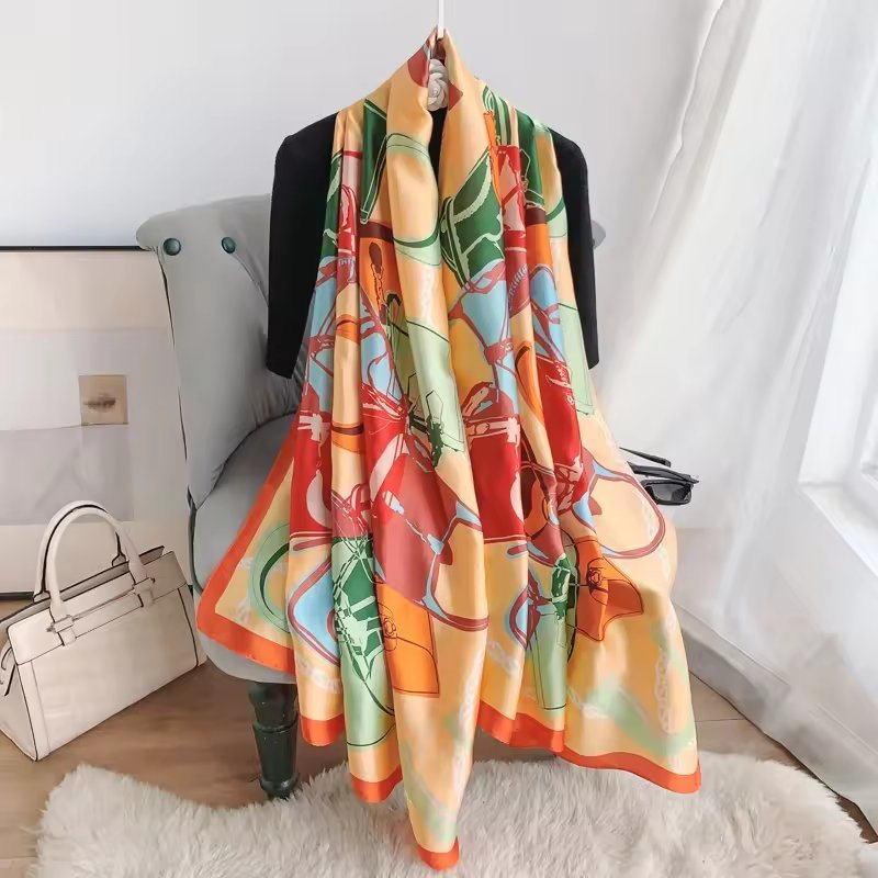 Newest Custom High Quality Soft Satin Silk Printing Long Head Scarves Women Luxury Designer Silk Scarf with Chain Pattern