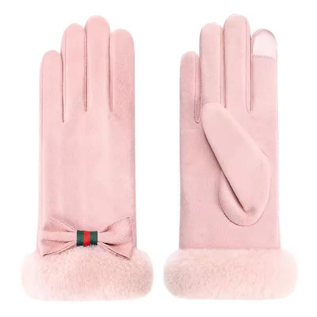 Outdoor Cute Bow Comfortable Lining Winter Windproof Touch Screen Fashion Fleece Gloves for Women