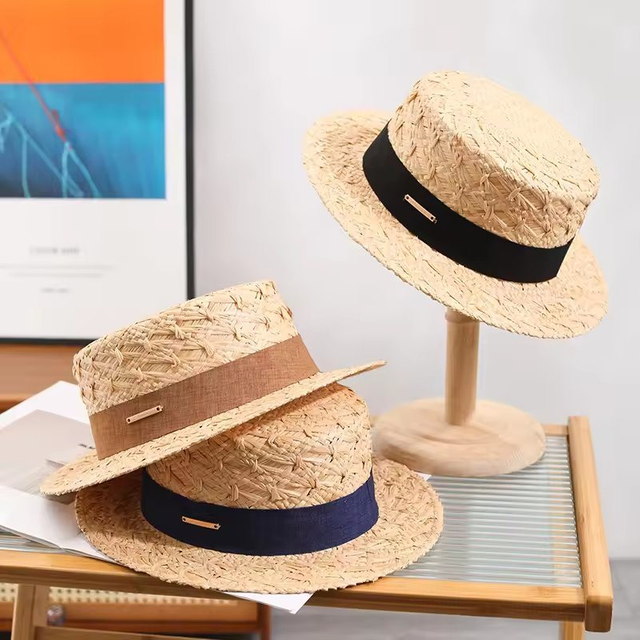 2024 Spring Summer Ribbon Decoration Lafite Custom Straw Hat Flat Top Brim Woman Sun Hats for Summer