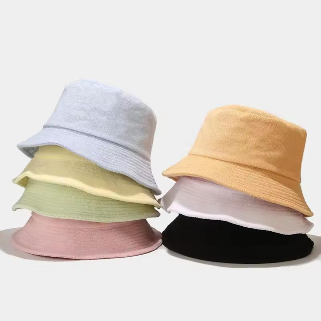 Wholesale Custom Logo Women High Quality Bucket Hat Terry Towelling, Fashion Solf Towel Warmer Bucket Hat