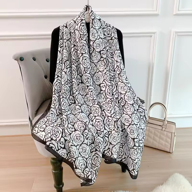 Wholesale Silk Satin Scarf for Women Custom Digital Rose Flowers Printed Silk Scarves Customized Head Wrap Shaws