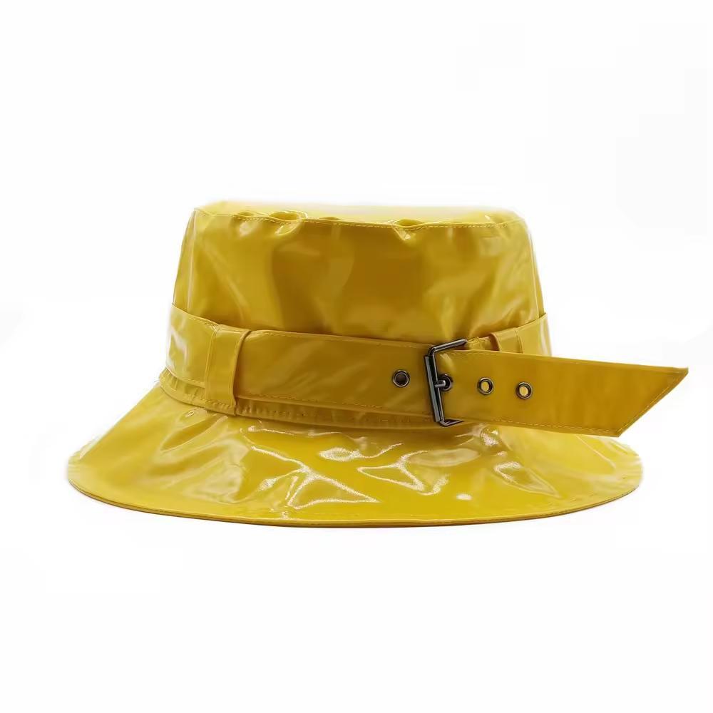 New Style Meidiney Bright Red PVC Waterproof Metal Button Strap Bucket Hat Rain Caps for Hair