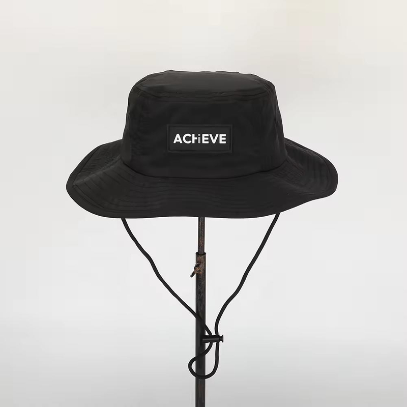 Wholesale Custom Rubber Logo Quick Dry Black Polyester Safari Gorras, Sun Shade Beach Cap, Fisherman Wide Brim String Bucket Hat