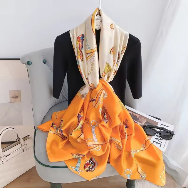 Hot Sale Lady Long Custom Designer Printed Silk Scarves Customized 90*180cm Satin Shawls Head Scarf