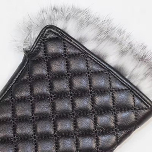 Cheap Elegant Rabbit Fur Driving Leather Mittens Winter Warm Leather Fleece Gloves for Women