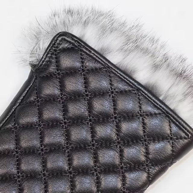 Cheap Elegant Rabbit Fur Driving Leather Mittens Winter Warm Leather Fleece Gloves for Women