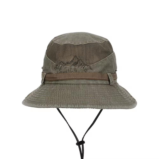 High Quality Custom Green Outdoor Mesh Belt Summer Sun Embroidered Logo Boonie Brim Safari Bucket Hats with String for Mens
