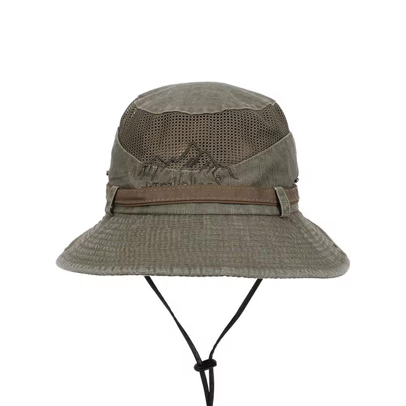 High Quality Custom Green Outdoor Mesh Belt Summer Sun Embroidered Logo Boonie Brim Safari Bucket Hats with String for Mens