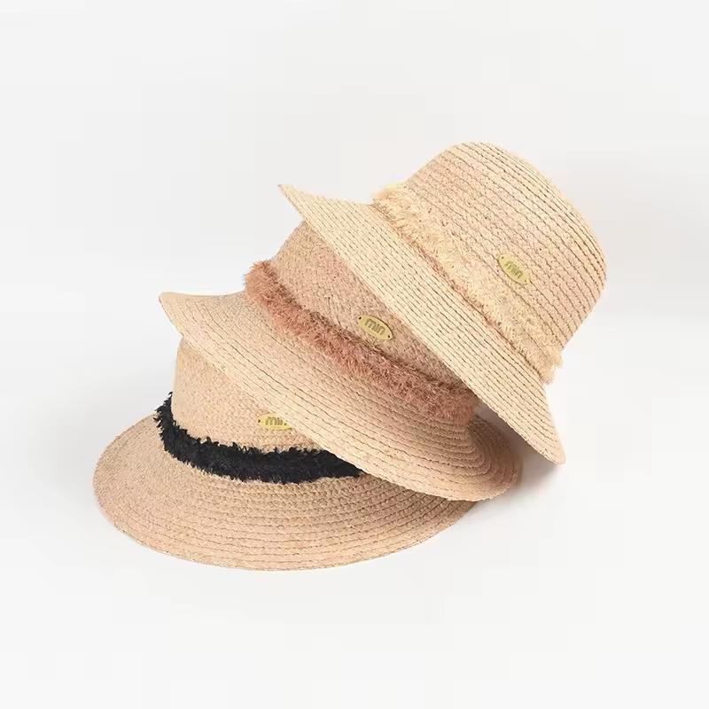 Female Spring Summer Hand Woven Pattern Raffia Straw Hat Beach Holiday Leisure Sunshade Raffia Straw Hat Body