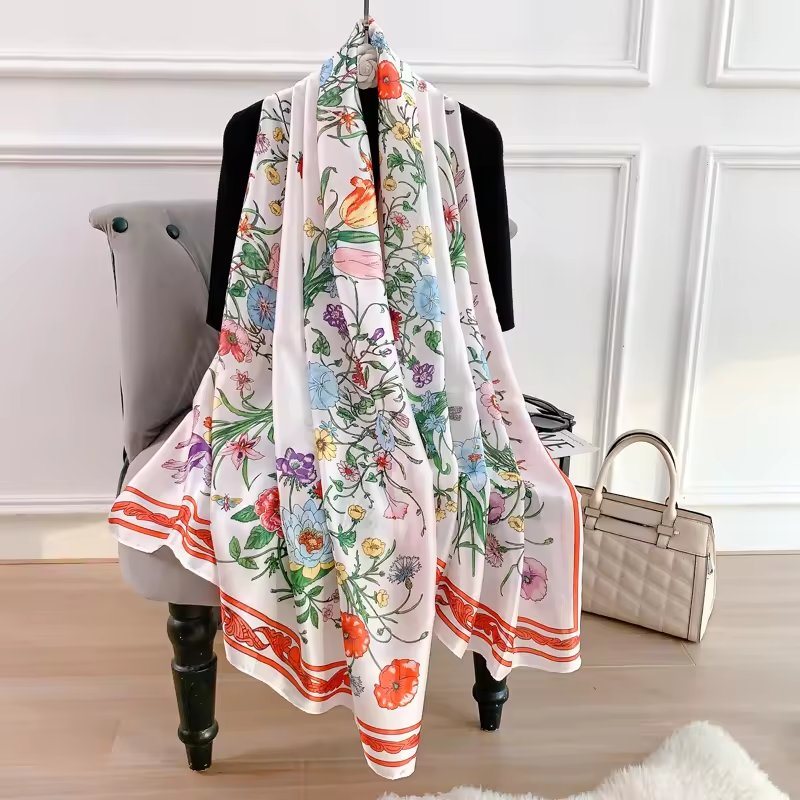 Wholesale Spring and Autumn Elegant Lady New Floral Printed Satin Silk Long Scarf Shawl