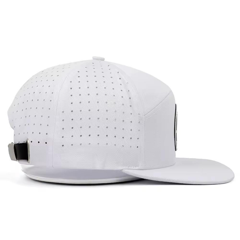 Custom Men 7 Panel Rubber Patch Water Resistant Perforated Laser Cut Hole Leather Strap Luxury Gorras Snapback Cap Hat