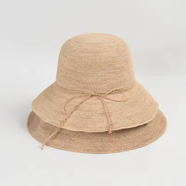 Row Hand Hook Raffia Straw Bucket Hat Women Pure Color Simple Large Brim Shade Foldable Sunscreen Straw Sun Hat Bucket Hat
