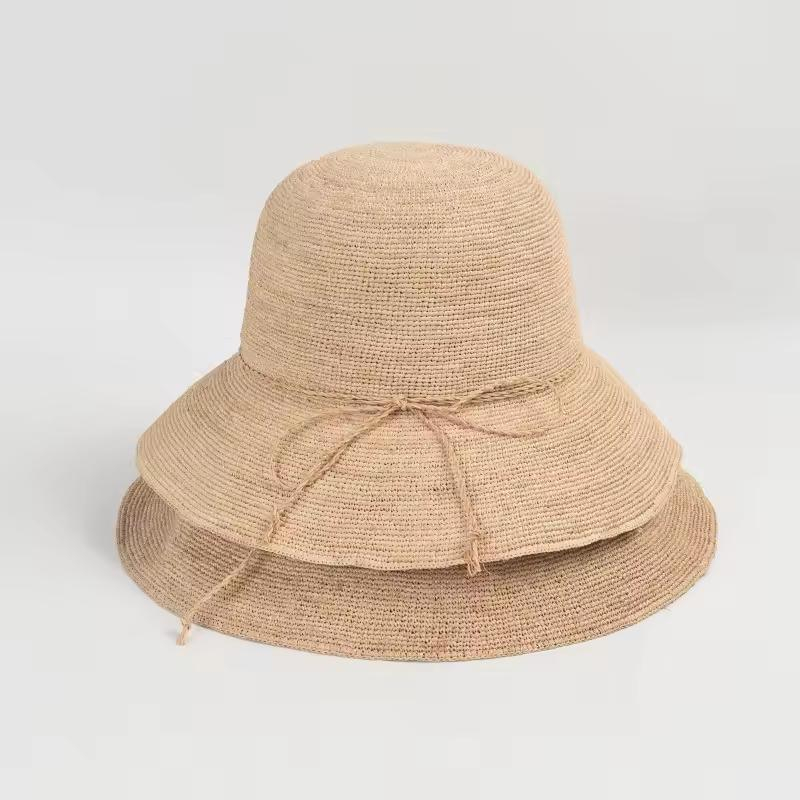 Row Hand Hook Raffia Straw Bucket Hat Women Pure Color Simple Large Brim Shade Foldable Sunscreen Straw Sun Hat Bucket Hat