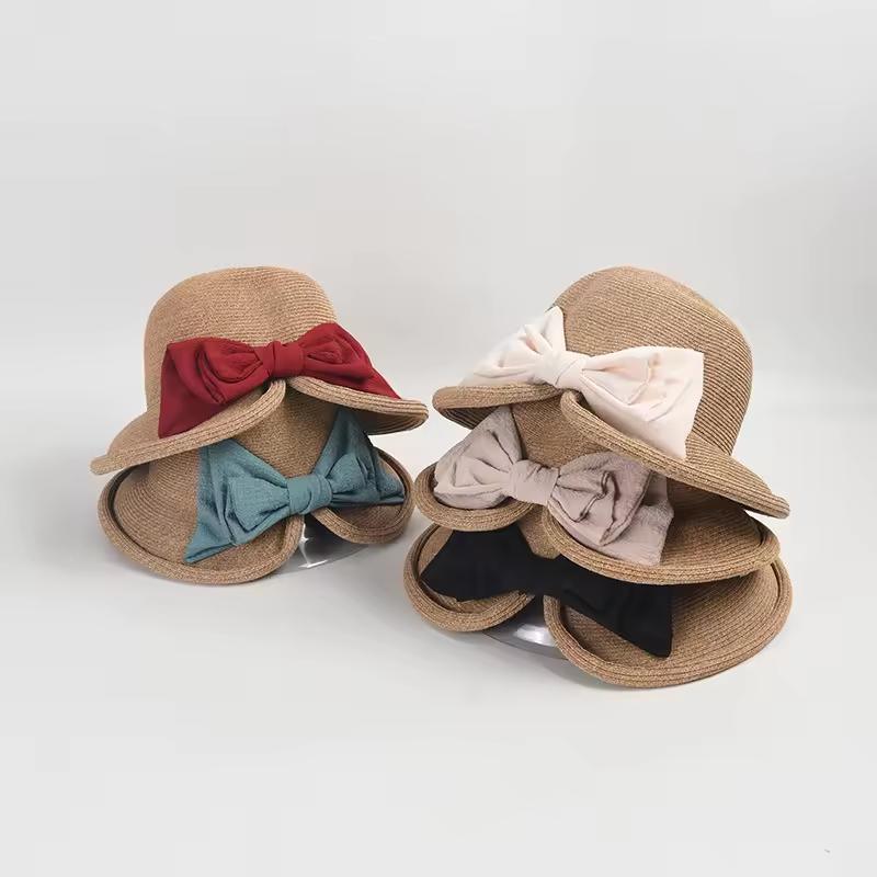 Row Hand Hook Raffia Straw Bucket Hat Women Pure Color Simple Large Brim Shade Foldable Sunscreen Straw Sun Hat Bucket Hat
