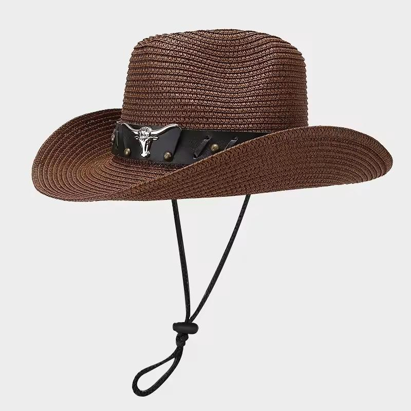 American Retro Braided Cowboy Hat Men Casual Shade Women Windproof Breathable Straw Panama Hat