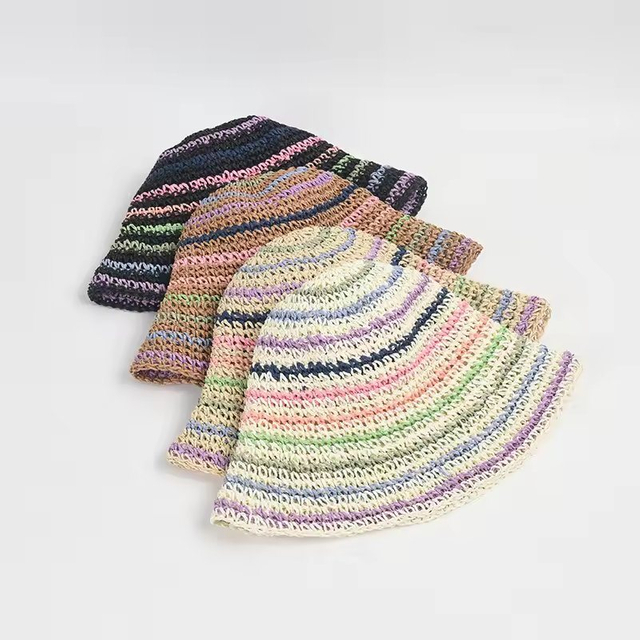 Summer Straw Braid Women New Color Striped Sunscreen Straw Bucket Hat Seaside Holiday Sun Crochet Paper Straw Bucket Hat
