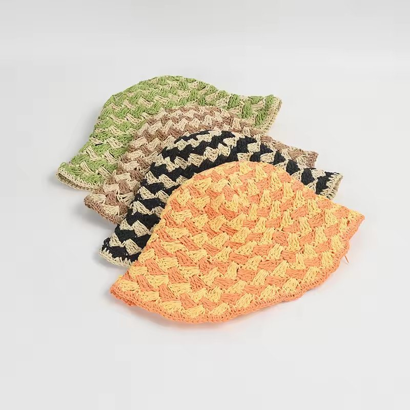 2024 Summer New Hand Hook Female Foldable Paper Straw Bucket Hats Casual Sun Protection Crochet Paper Straw Bucket Hat