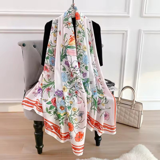 Spring and Autumn Elegant Lady New Floral Printed Silk Scarf Satin Silk Decorative Scarf Long Scarf Shawl