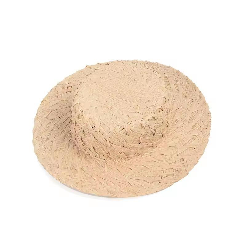Hand Woven Pattern Raffia Straw Hat Leisure Flat Top Wide Brim Light Sunshade Hat Women Raffia Straw Trilby Summer Beach Sun Hat