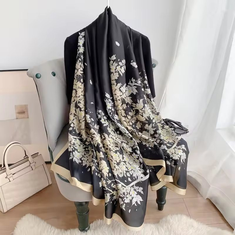 Hot Sale Lady Long Custom Designer Printed Silk Scarves Customized 90*180cm Satin Shawls Head Scarf