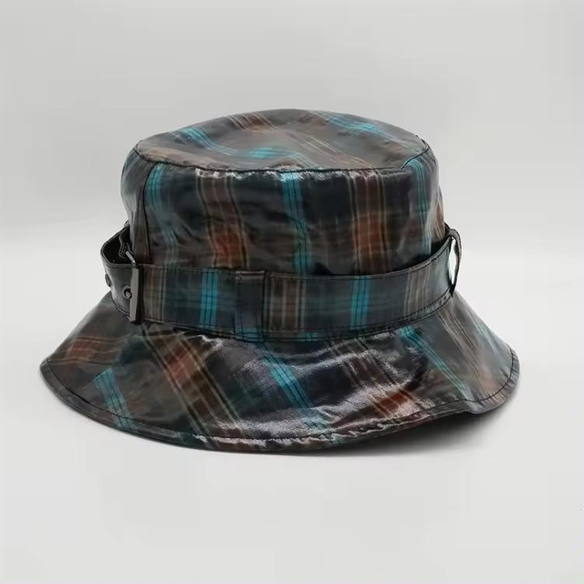 High Quality Grid Checked Fish Rainy Caps, Polyester Metal Adjustable Strap Bucket Cap, Waterproof blue Bucket Rain Hats