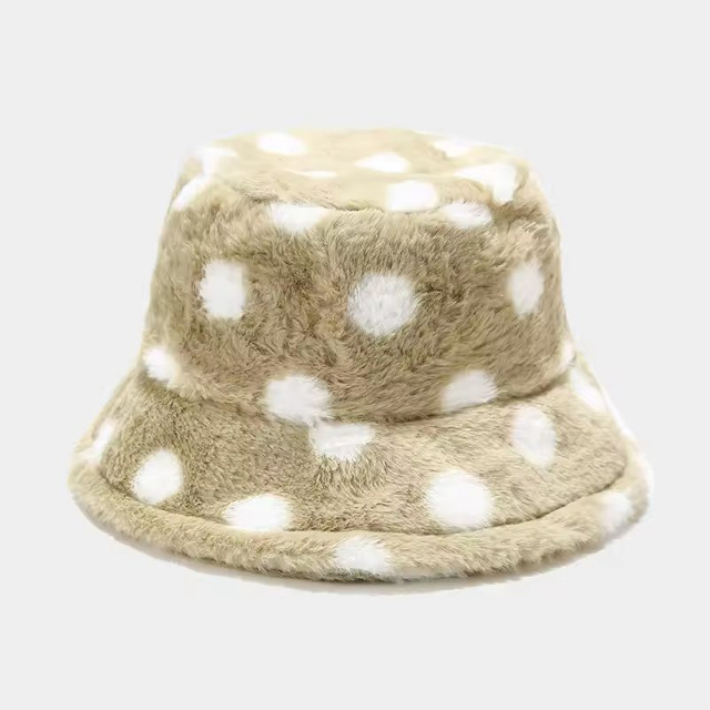 Wholesale Custom High Quality DOT Printing Pattern Women Winter Thick Furry Plush Bucket Hat, Fashion Design Fisherman Bucket Cap