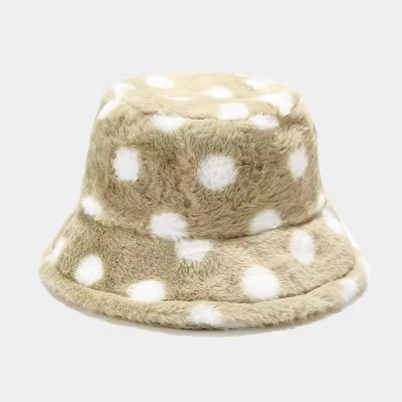 Wholesale Custom High Quality DOT Printing Pattern Women Winter Thick Furry Plush Bucket Hat, Fashion Design Fisherman Bucket Cap
