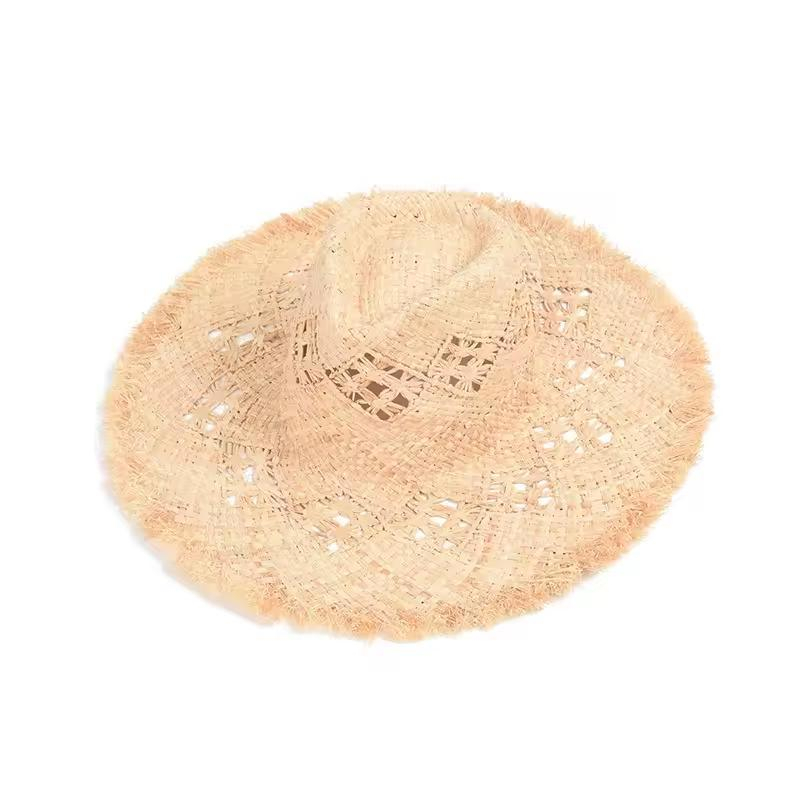 2024 Summer New Hand Woven Hollowed out Custom Straw Hat Women Large Brim Shade Sun Protection Beach Holiday Straw Hat