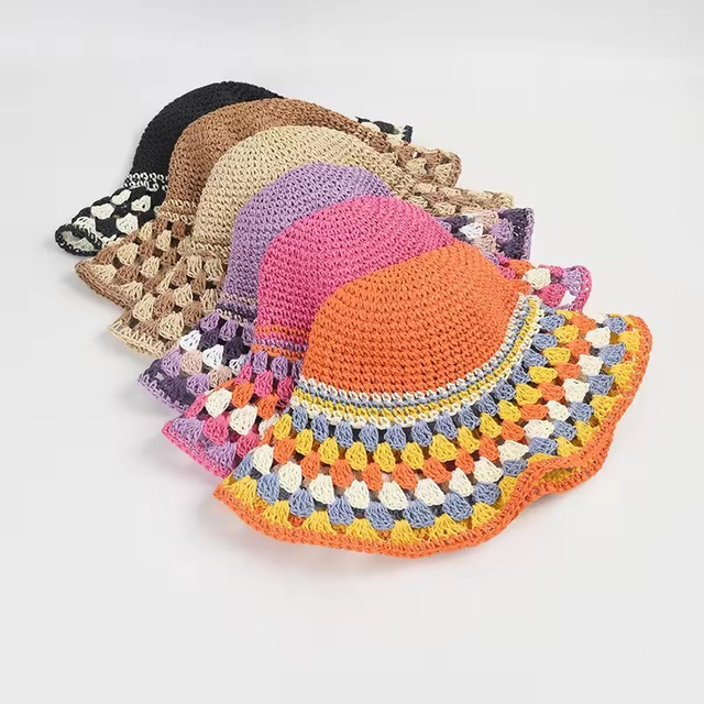 Colorful Paper Crochet Paper Straw Bucket Hat Female Summer New Holiday Large Brim Beach Leisure Sunshade Bucket Hat Straw